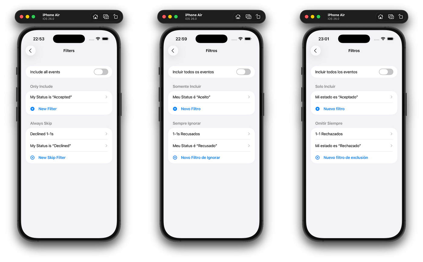 The Filters screen in Today Planned, localized into Portuguese and Spanish