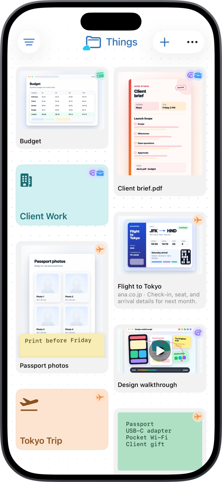 Things in Today Planned showing a grid of saved items: a budget spreadsheet, a client brief PDF, a flight link preview, scanned passport photos, and a video