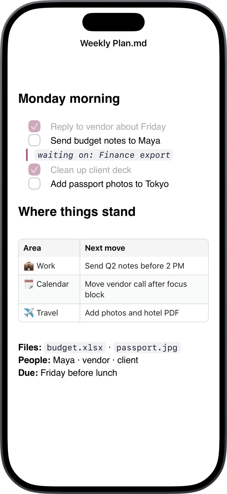 A Markdown plan inside Things with checkboxes, a table, and file, people, and due metadata